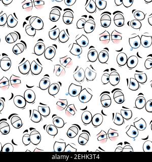 Cartoon eyes smile emoticons pattern background. Vector seamless backdrop of emoji faces expressions with eyes and brows in anger, sad happy and smili Stock Vector