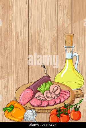 Vector still life with sausages, olive oil and vegetables on a wooden background. Template for poster, banner, postcard, menu or other Stock Vector