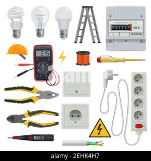 Set of professional electrician tools. Pliers for stripping wire or pliers, wire cutters and screwdrivers, multimeter or digital clamp meter, electric Stock Vector