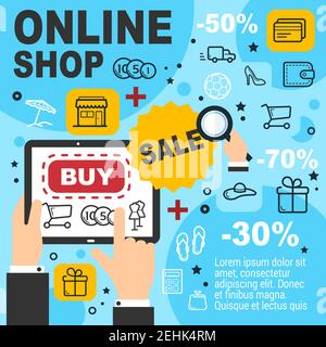 Sale offer poster, online shop and order design. Tablet with web store order page banner with shopping cart, money and delivery truck, gift box, walle Stock Vector