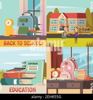 Four squares school orthogonal colored icon set with back to school and education headlines vector illustration Stock Vector