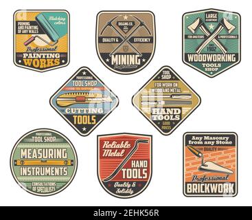Repair and construction, building tools signboards and icons. Roller and axe, picker and stationery putty knives, file, level ruler, scrap. Vector pai Stock Vector
