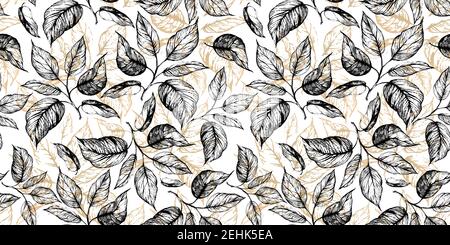 Floral seamless pattern with leaves in grayscale and golden foiled contour on white. Hand drawing. Background for title, blog, decoration. Stock Photo