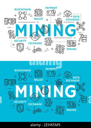 Mining of cryptocurrency, digital money outline icons. Blockchain and wallet, payment and data exchange, security and storage symbols. Cryptocurrency Stock Vector