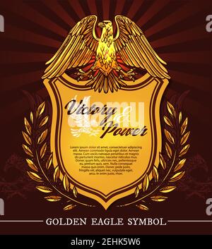Golden eagle on shield heraldic badge, vintage coat of arms. Gold bird of eagle, hawk and falcon as symbol of victory and power, medieval shield and l Stock Vector