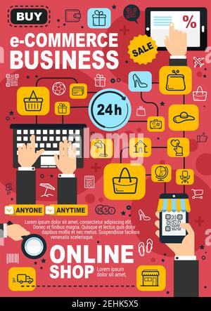E-commerce business and online shopping. Internet store with shopping cart, basket and gift box, mobile phone, laptop and tablet pc thin line icon. Sa Stock Vector