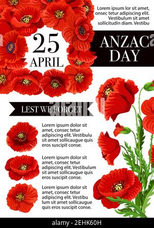 Anzac Day Australia and New Zealand war remembrance holiday poster for Lest We Forget design. Vector greeting card of poppy flowers for war commemorat Stock Vector