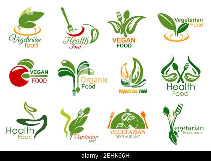 Vegetarian restaurant symbols of healthy and vegan food menu. Fork, spoon and tray lid isolated icons, decorated with green leaf, organic vegetable an Stock Vector