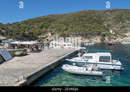 Bisevo, Croatia - Aug 16, 2020: Tour guide speed boat at blue cave port in summer Stock Photo