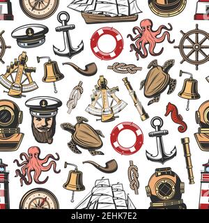 Nautical seamless pattern background with vintage marine items. Anchor, helm and rope, sail ship, compass and captain with cap and pipe, lighthouse, b Stock Vector