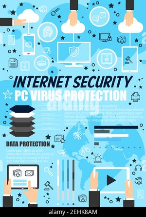 PC virus protection line art poster outline icons. Mobile devices with installed Internet security applications. Safety online for tablets and smartph Stock Vector