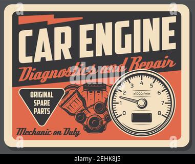Car engine diagnostics and repair service, auto parts. Vehicle internal combustion engine and tachometer. Mechanic workshop or garage signboard Stock Vector