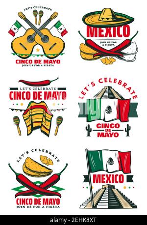 Cinco de Mayo sketch icons for Mexican holiday greeting card design. Vector isolated set of jalapeno pepper, sombrero and guitar or maracas, Mexico fl Stock Vector