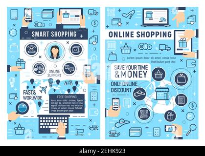 Online smart shopping and e-commerce business. Laptop, tablet or mobile phone with web store thin line icons of shopping cart, money and delivery map, Stock Vector