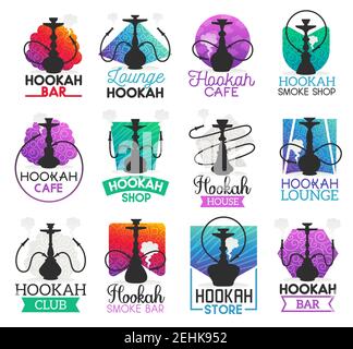 Hookah icons and symbols isolated. Lounge bar and smoke shop icons, hookah club and house emblems vector. Instrument for vaporizing and smoking flavor Stock Vector