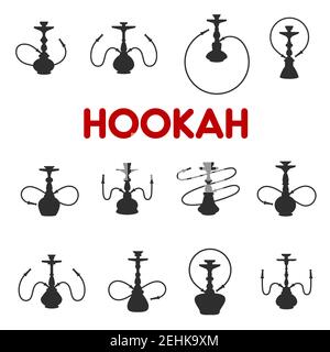 Hookah or shisha silhouette icons. Vector isolated set of oriental aroma tobacco smoking pipes for lounge bar and restaurant menu design Stock Vector