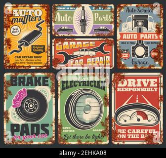 Garage or car repair service rusty metal banner. Vehicle mechanic workshop. Vintage automobile, wheel and piston, spanner, spark plug and engine part Stock Vector