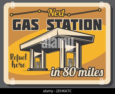 Gas, petrol or gasoline fuel station retro banner. Transportation and energy industry vintage poster with petroleum pump, filling station or car servi Stock Vector