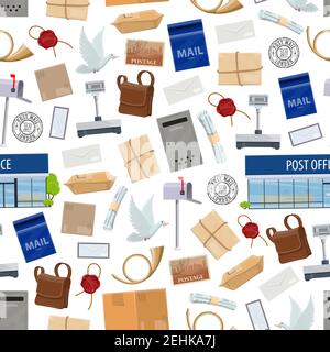 Post office building, equipment and heavy parcels in seamless pattern. Goods and letters transportation service, endless texture. White dove, electron Stock Vector