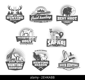 Hunting retro icons of african safari and hunter sport club. Wild animals and birds black and white badges with huntsman rifle target, shotgun and dog Stock Vector