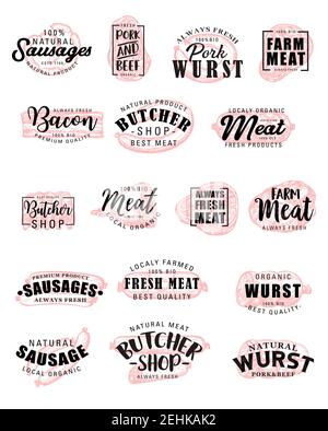 Butcher shop sketch lettering for meat and sausages products. Vector calligraphy pork and beef wurst or delicatessen of beefsteak or bbq brisket and o Stock Vector