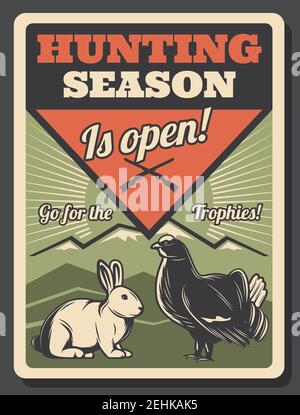 Open hunting season retro poster with white rabbit and fat black capercaillie. Forest wild animals on shooting brutal sport placard. Herbivorous mamma Stock Vector