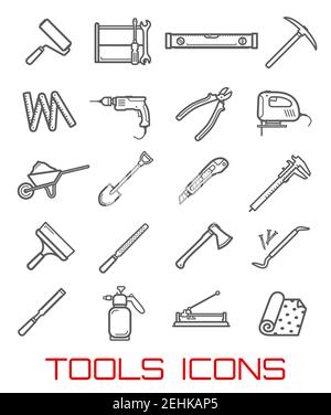 Tools icons and symbols, instruments for building line art. Roller, screwdriver and wrench, level ruler and sharp pick, electric drill and big pliers, Stock Vector