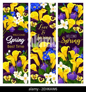 Springtime lovely time and Welcome Spring floral banners. Vector design of spring yellow calla lily and white snowdrops bouquet, orchids or blue crocu Stock Vector