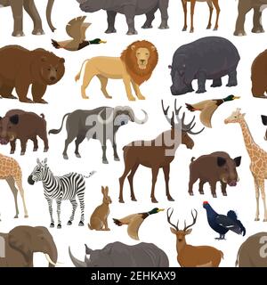 Wild animal and bird seamless pattern background for hunting sport themes design. Forest deer, bear and duck, african safari elephant, lion and giraff Stock Vector