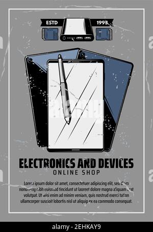 Electronic devices and smart appliances, smartphone or tablet and stylus pen and portable disk drive or SD memory card. Vector vintage design, online Stock Vector