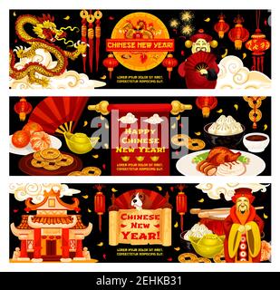 Chinese New Year of Yellow Dog 2018 greeting banners of traditional Chinese fireworks and decorations. Vector design of golden dragon, China emperor a Stock Vector