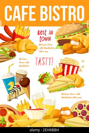 Cafe bistro fastfood or street food dishes, poster template for menu. Burger and fried chicken nuggets, french fries and crispy chips, popcorn and san Stock Vector