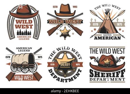Wild West icons and signs cowboy hats and sheriff id sign, guns and pistols, wigwam, horseshoe, carriage and gold star. Western retro symbols police a Stock Vector