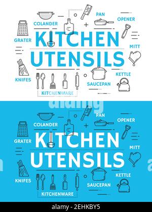 Kitchen utensil with cooking accessories, equipment and kitchenware thin line icon. Spoon, knife and fork, cup, pot and pan, whisk, grater and spatula Stock Vector