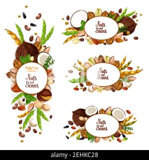 Nuts and beans icons and signs. Organic coconut, peanuts, pistachios and walnuts kernels. Vector vegan or vegetarian harvest, sunflower seeds, cashews Stock Vector