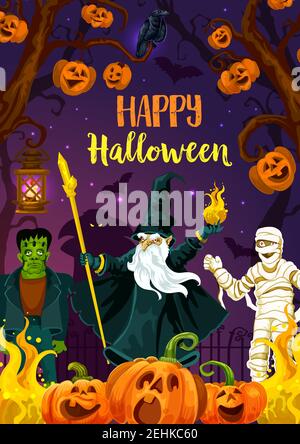 Creepy cemetery with pumpkin lantern on tree, mummy, zombie and evil wizard festive banner for trick or treat party invitation. Happy Halloween greeti Stock Vector