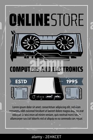 Computer part store electronic devices. Memory card, power bank and video card digital gadget in retro style, electronics online shop or repair servic Stock Vector