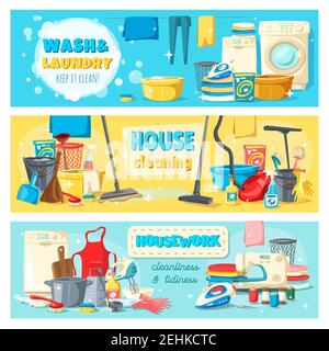Laundry and wash, house cleaning and housework banners. Equipment and tools for domestic chores and chemical means to clean rooms. Washing machine, va Stock Vector