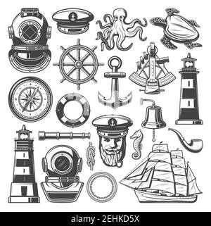 Nautical and marine sailing icons. Vector sketch of seafarer captain hat, ship helm or anchor on rope and lighthouse, retro frigate boat and diver aqu Stock Vector