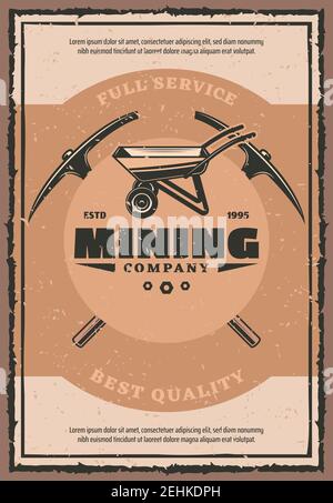 Mining industry retro banner with work tool of miner. Wheelbarrow and crossed picks vintage poster. Coal, metal and chalk, rock salt, diamond and gold Stock Vector