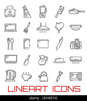 Home utensil and electronic appliance icons. Vector thin line kitchen cutlery, toaster or mixer and grate, photo camera or smartphone tablet, air cond Stock Vector