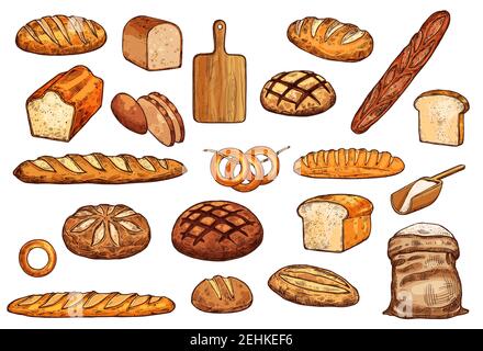 Bread and sweet pastry sketch set of pastry shop food. Wheat, rye and long loaf bread, baguette, toast and bagel, flour bag and cutting board isolated Stock Vector