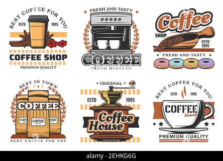 Coffee shop retro icons with hot drink and beverage. Cup of espresso, cappuccino and latte, coffee machine, grinder and paper package isolated icon wi Stock Vector