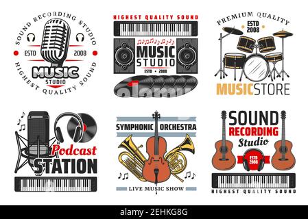 Music shop, sound record studio and podcast station icons with guitar, microphone and headphones, drum set, vinyl records and notes. Symbols with musi Stock Vector
