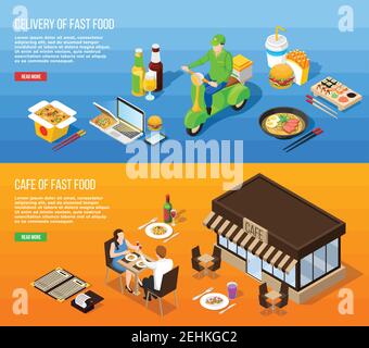 Fast food delivery and fast food cafe isometric horizontal banners with eating icons courier on moped and clients at table vector illustration Stock Vector