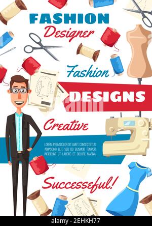 Fashion designer, sewing tools and tailor equipment. Tailoring workshop or atelier studio with dressmaker, thread and needle, sewing machine and cloth Stock Vector
