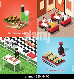 Isometric sushi bar with chinese and japanese cuisine 2x2 concept isolated on colorful backgrounds 3d vector illustration Stock Vector