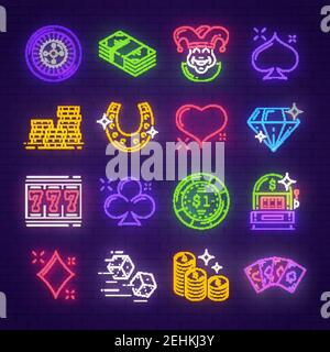 Casino neon signboards for poker or gambling game and slot machine. Vector neon light line signs of golden coins, horseshoe or wheel of fortune and di Stock Vector