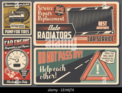 Car service signboards, garage and auto mechanic workshop vector design. Diagnostic, repair and replacement of vehicle engine, auto radiators and tire Stock Vector