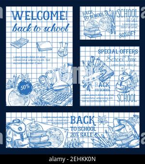 Welcome Back to School sale ink pen sketch poster of school bag or lesson stationery pattern on checkered notebook. Vector school bag or book and calc Stock Vector